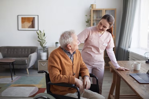 Old man smiling at caregiver