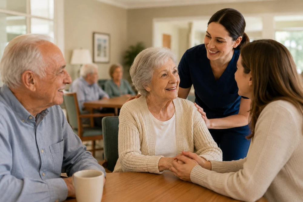 Family meeting with caregiver at a memory care facility-for-seniors with dementia and Alzheimers disease