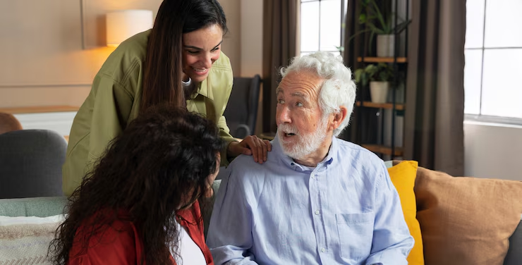 A daughter is talking with her parents.