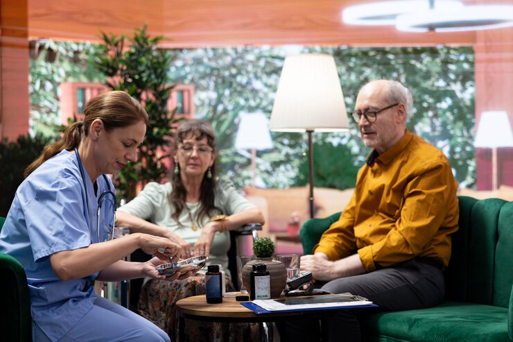 A professional caregiver is preparing medication for elderly people.