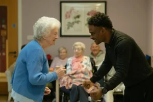 The elderly having fun with one of the caregivers