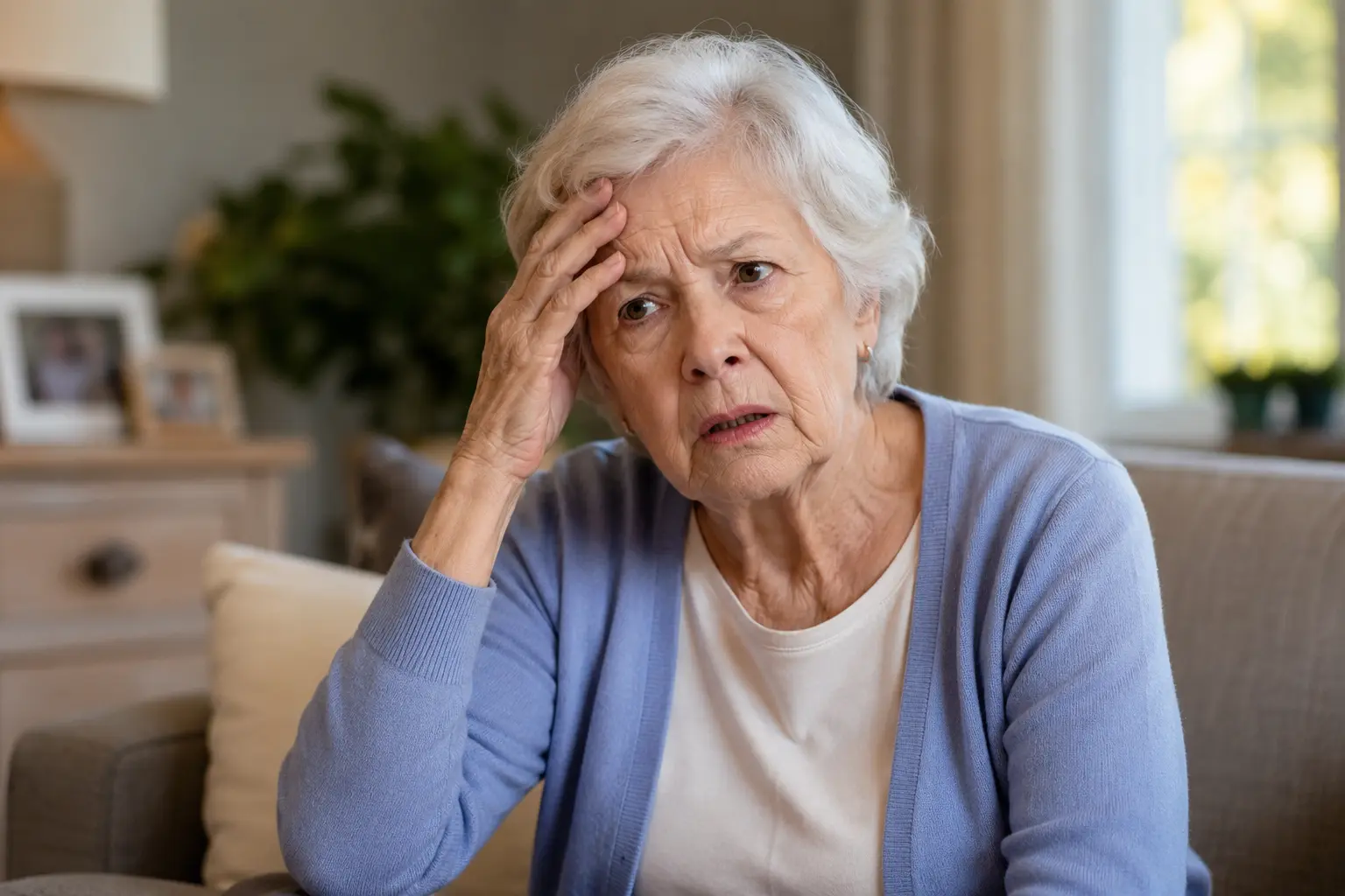 Confused elderly woman sitting in a living room