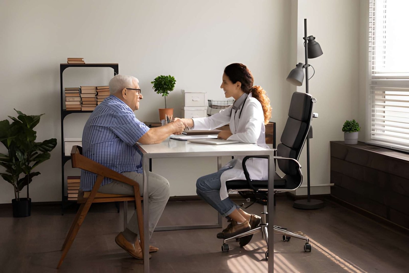 A caregiver discussing care options with an elderly man.