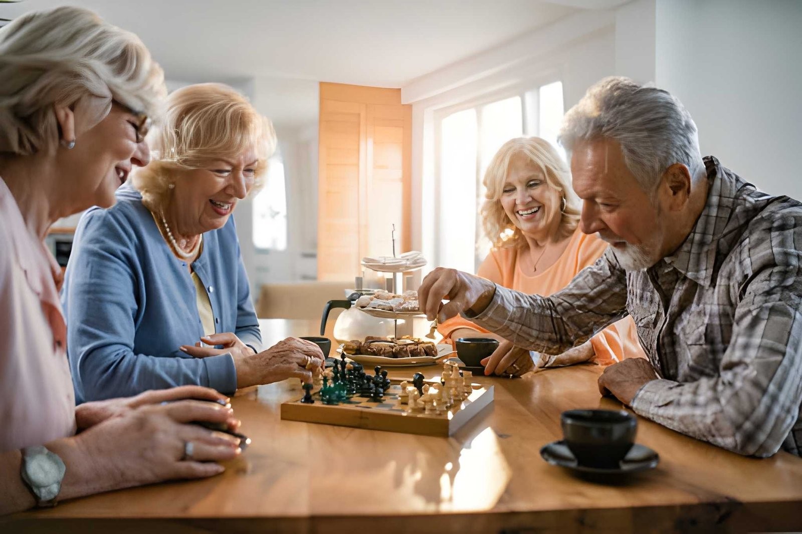 Older adults laughing while playing chess together.