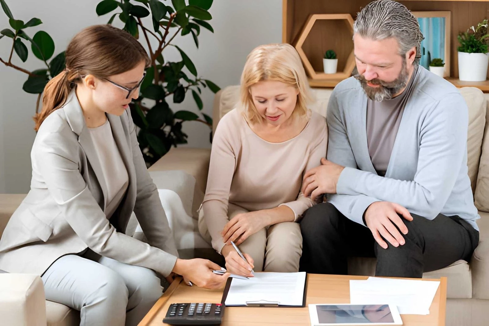 Older couple reviewing financial documents with an advisor