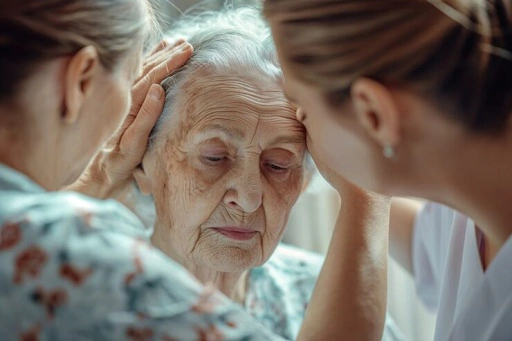 Elderly woman being cared for